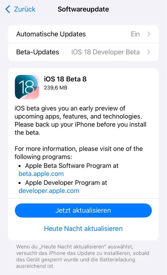 靖远苹果手机维修分享苹果 iOS / iPadOS 18 开发者预览版 Beta 8 发布 